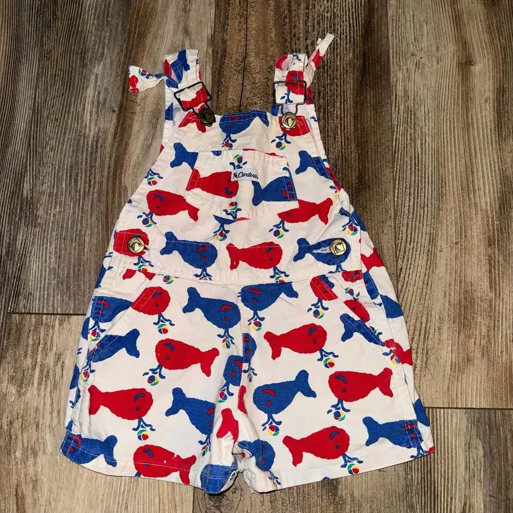 Vintage Carter's Whale Print Short Overalls oshkosh whale pattern Size 18 Months